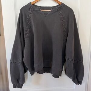 Aerie Charcoal Gray Crochet Lace Detail Crew Neck Sweatshirt